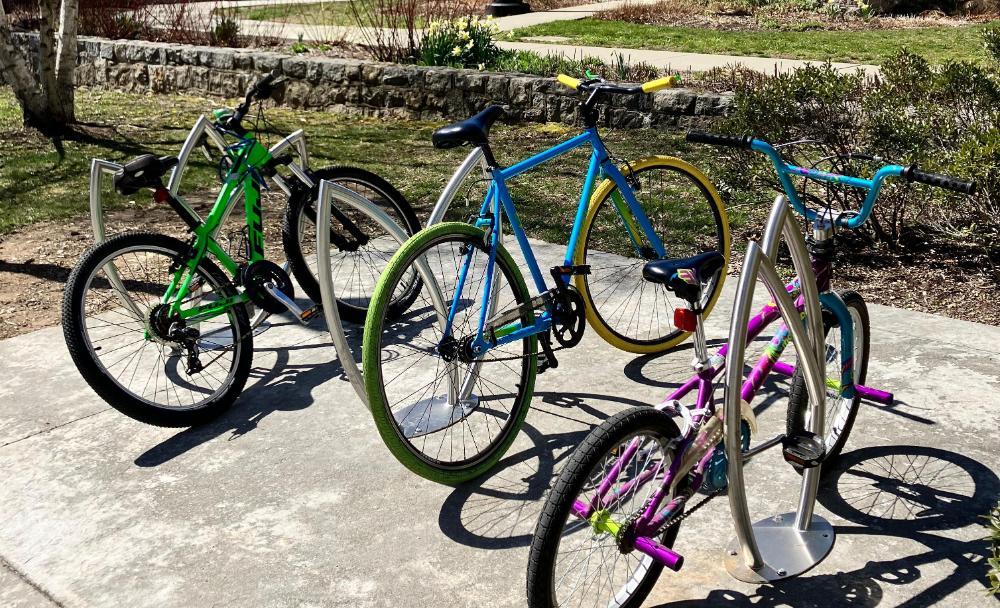 Bikes parked outside in the spring