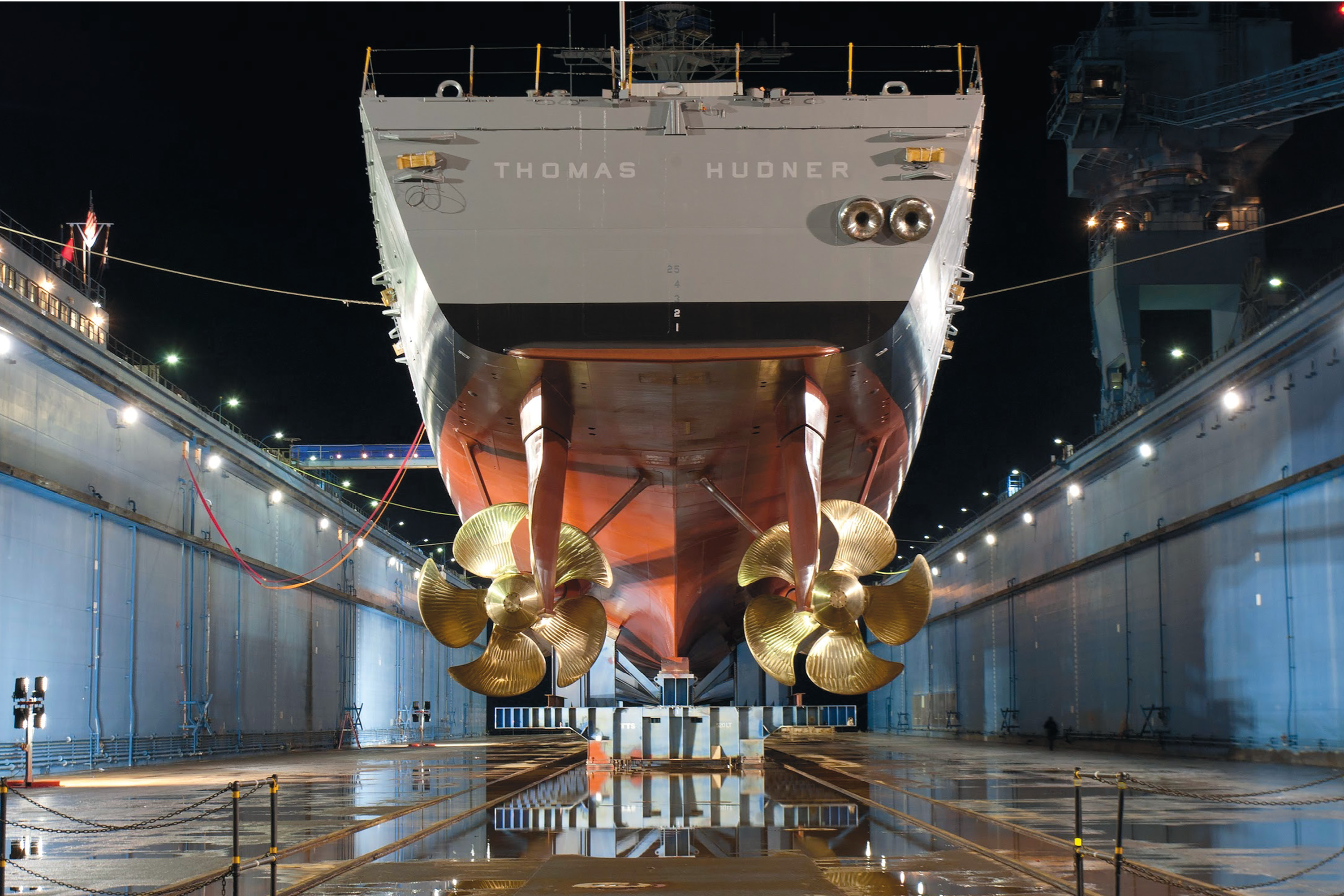 Stern of The USS Thomas Hudner, named in honor of U.S. naval aviator Thomas J. Hudner Jr.