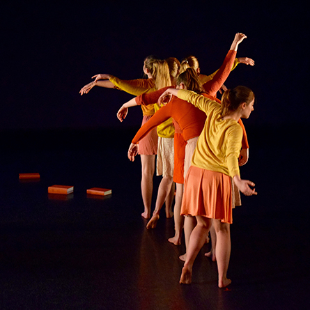 Kaya Blumenthal-Rothchild '20, Grace Bradley '18, Kelli Carlson '18, Emily Green '18, and Sophia McLaughlin '19 perform the dance by Rachael Lieblein-Jurbala ’19 that has been selected for the National College Dance Festival 