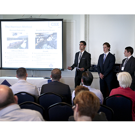 (From left) Joseph Menniti '18, Avery Gobbo '20 and Matthew Gaetz '18 participate in the inaugural Peggotty Investment Club Stock Pitch Competition. 