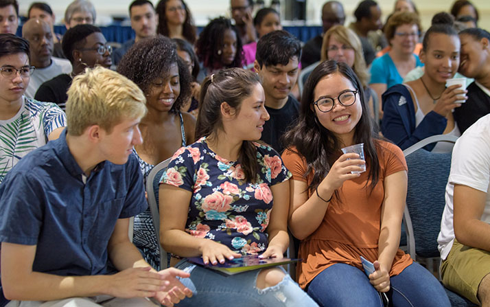 Students gather at a welcome assembly. 