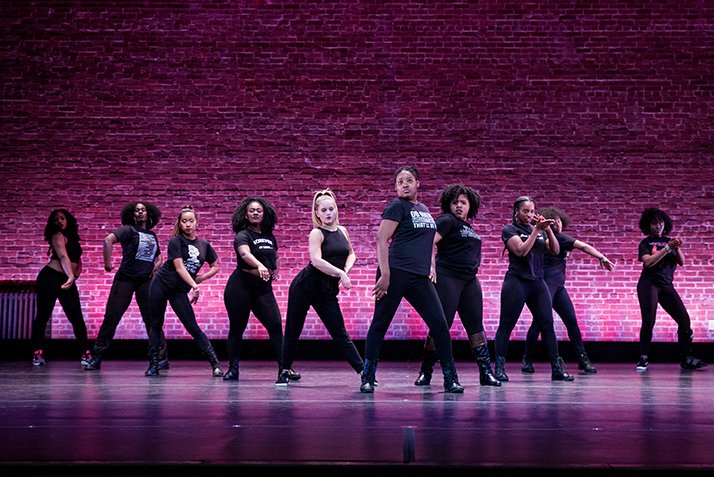 Step dancers perform “We Are Here” by Jenaya Amore ’19. “For those who felt invisible, this is for you,” Amore said about the piece.  