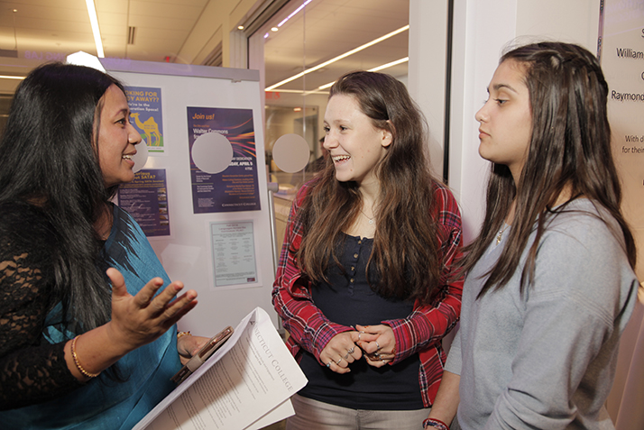 Binalakshmi Nepram, Connecticut College’s Rescue Scholar-in-Residence, speaks with students at the Founders Day dedication of Otto and Fran Walter Commons for Global Study and Engagement