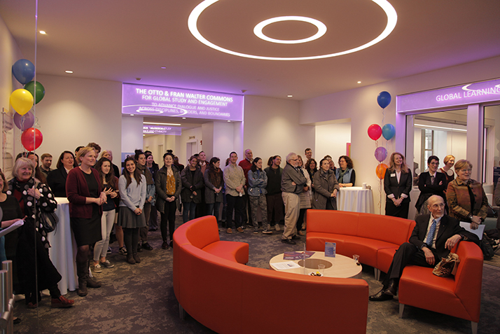 Students, faculty and alumni gather to formally dedicate the new Otto and Fran Walter Commons for Global Study and Engagement.