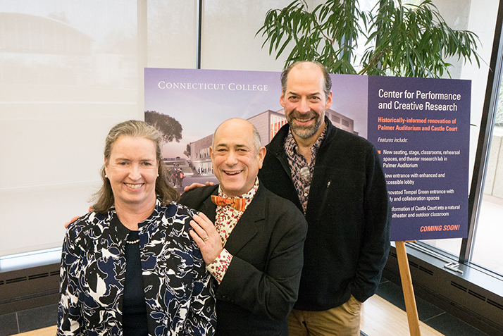 Nancy Marshall Athey ’72 poses with Professor of Dance David Dorfman ’81 and Professor of Theater David Jaffe ’77. 