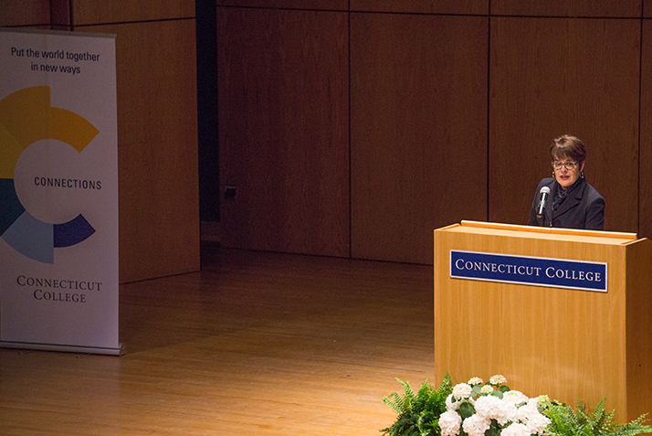 President Katherine Bergeron introduces David Grann in Evans Hall.