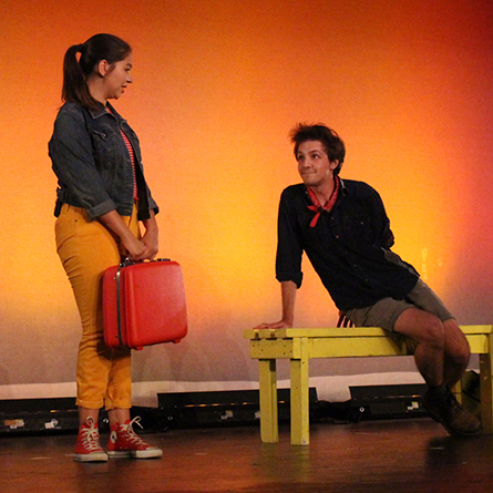 In this scene from the musical, Isabel, left, meets her new friend, The Porter, who explains that she's boarded the Runaway Train. Above, Isabel listens as the train's choir sings the same song over and over again. Photos by Susannah Crowell. 