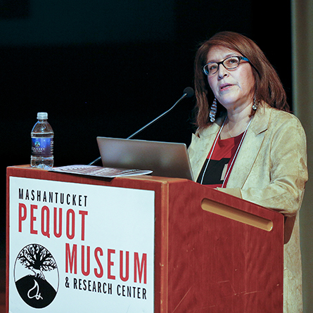 Sandy Grande, professor of education and director of the Center for the Critical Study of Race and Ethnicity, gives the keynote address, “Un-Settling the University,” at the 2019 Mellon Mays Undergraduate Fellowship Program’s Northeast Regional Conference.