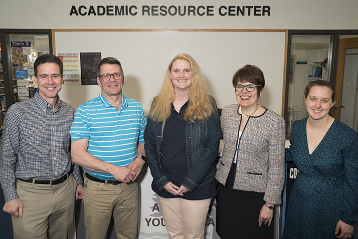 Posing from left to right: Dean of the College Jefferson Singer, Dean of Academic Support and Director of the Academic Resource Center Noel Garrett, Assistant Director of the Academic Resource Center Patricia Dallas, President Katherine Bergeron and Chair of the Presidential Staff Recognition Awards Selection Committee Margaret Bounds. 