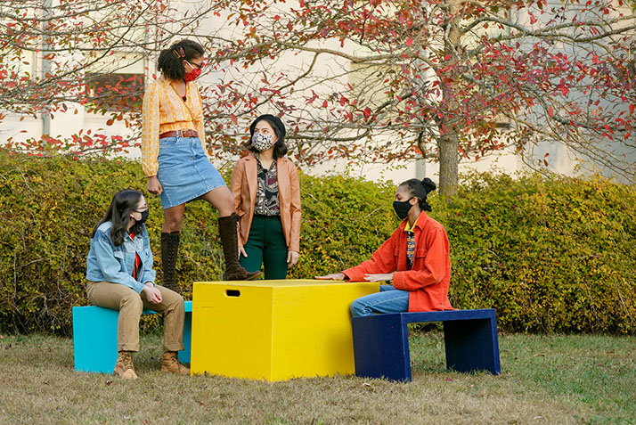 Actors perform Seven Twenty-Five, written by Ana Reyes-Rosado ’20, outside on Conn's campus.