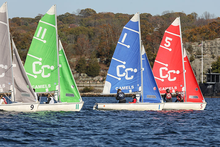 Sailboats on the Thames River as Conn competes against Boston College in a head-to-head regatta