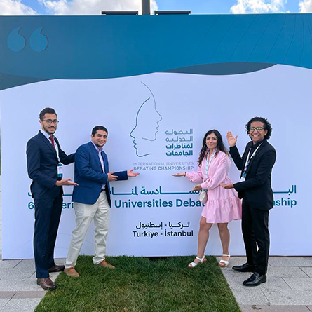 L-R: Iyad Ait Hou ’22, Abubakr El Sobky ’23, Sbidag Demerjian ’23 and Maged Hassan ’25 at QatarDebate’s sixth annual International Universities Debating Championship in Istanbul, Turkiye.