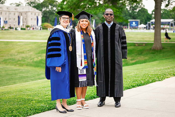 President Katherine Bergeron, Student Speaker Viridiana Villalva Salas ’20, and Keynote speaker Patrick Awuah.