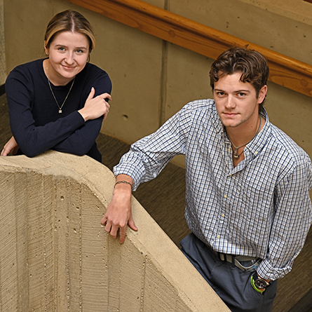 Olha Vasyliv ’23, left, and Ethan Bankowski ’24 in Conn's Shain Library