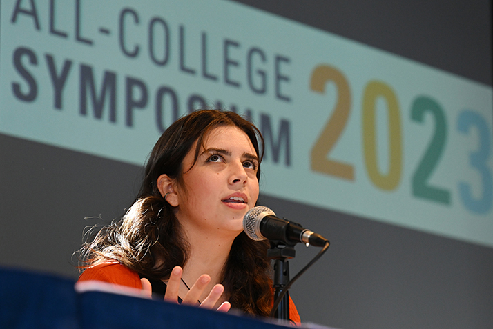 Cecilia Bianchi ’24 answers questions at the end of their Media, Rhetoric, and Communication pathway panel session in Cro’s Nest during the All College Symposium Thursday, November 2, 2023.