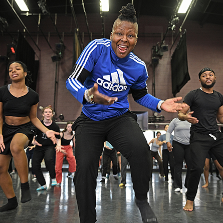 Professor of Dance Shani Collins leads a West African Dance workshop for attendees at the Igniting Emancipatory Possibilities through African Diaspora Dance Summit.