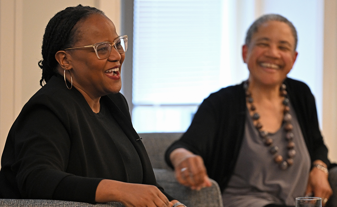 Edwidge Danticat speaks as Professor Kate Rushin looks on.